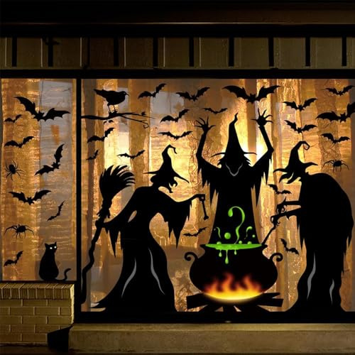 4 Piezas Pegatinas de ventana de Halloween, Pegatinas de Ventanas y Puertas de Halloween, Brujas, Gato Negro, Murciélago, Araña y Caldero, para Decorar el Hogar, la Escuela, la Oficina y Fiestas