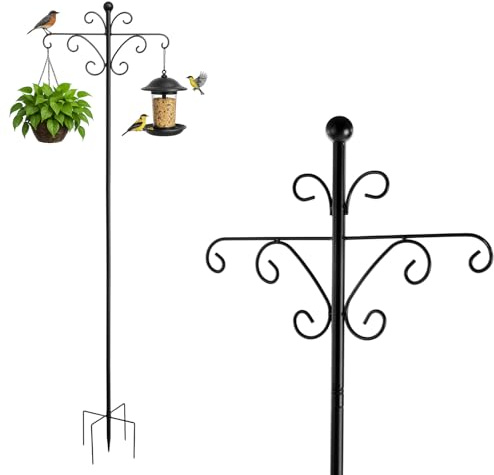 Bird Feeders Hanging Station196CM Free Standing Bird Feeder Pole with Double Shepherds Hooks Heavy Duty Metal Garden Hanging Station for Bird Feeding Station Black (1 Pack)