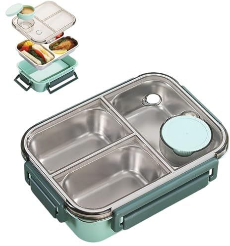 Fiambreras - Lonchera De Acero Inoxidable De 3 Compartimentos - Lonchera De Gran Capacidad,Viene Con Un Sello A Prueba De Fugas para Mantener La Comida Fresco,para Escuela (Verde, 3 Compartimentos)
