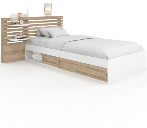 IDMarket - Cama individual Savana con cabecera, mesita de noche, almacenamiento y somier de 90 x 190 cm, color haya y blanco