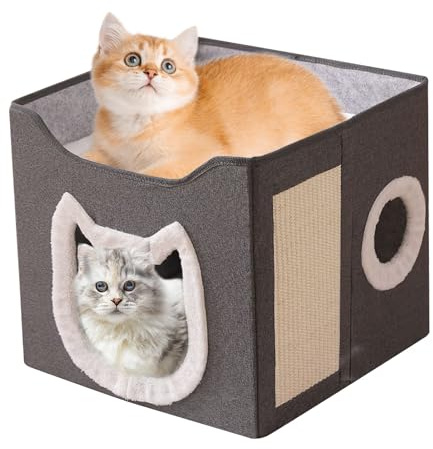 Casa plegable para gatos – plegable para mascotas – Cabaña acogedora de 2 capas con rascador y bola – Escondite de descanso para mascotas