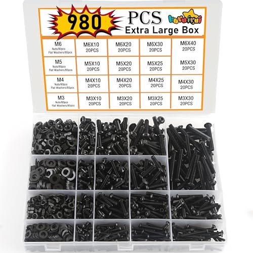 huruirui 980pcs M3 M4 M5 M6 Schrauben Set Schrauben Muttern Sortiment kit Schwarz Linsenkopf mit Muttern Unterlegscheiben Innensechskant Gewindeschrauben für Elektronikprodukte Autoreparatur