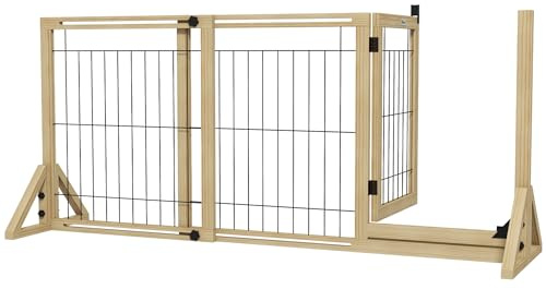 PawHut Cancellino per Cani Estensibile Porta 112-159x70 cm Legno Naturale | Cancelletto di Sicurezza per Animali e Cuccioli, 2 Pannelli, Piedini Triangolari