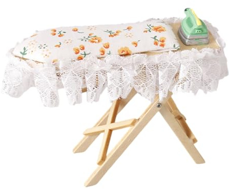 Hsyzygian Mesa de planchar en miniatura y plancha para casas de muñecas de 1/12, tabla de planchar de madera, accesorios coleccionables para decoración de muebles