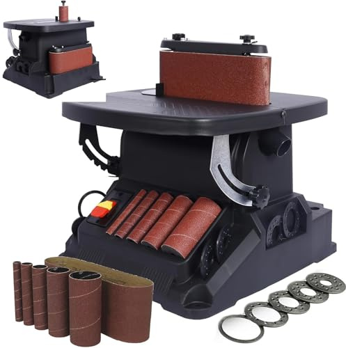 Electric Oscillating Spindle Sander & Belt Sander, 450W Combination Woodworking Sander with 5 Sanding Sleeves, 0-45° Tilting Table, for Grinding Curves, Contours