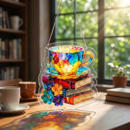 Foribyw Acrylic Jigsaw Puzzle Suncatcher, Coffee and Books Shape, 8 Inch | Rainbow Maker, Window Decor, Hanging Ornament for Cafe and Study Room, DIY Craft Gift for Women, Mom and Friends