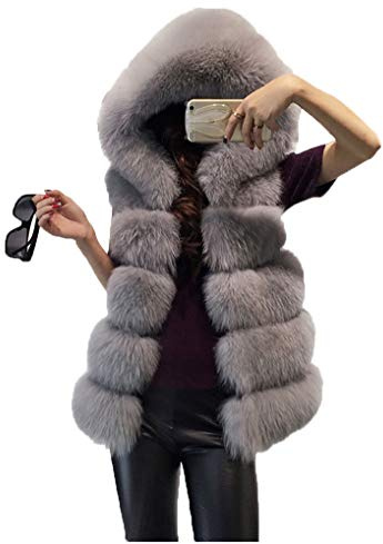 Ladies Vest Faux Fur Vest Jacket Hooded Long Faux Fur Vest Winter Jac Gray