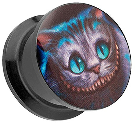 Taffstyle Ohr Plug Flesh Tunnel Piercing Ohrpiercing Kunststoff Schraub Schraubverschluß Picture mit Wunderland Grinsekatze Cheshire Cat Katze Motiv
