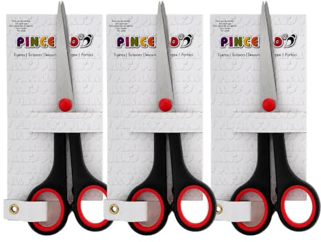 Juego de 3 Tijeras de Acero Inoxidable 18 cm Color Rojo | Pack de Tijeras Multiusos para Oficina, Hogar, Manualidades…