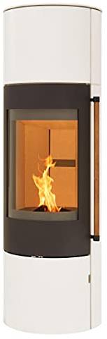 H&M Kaminofen EVO 2.1 XL Stahl Creme Weiß 7kw Ofen Heizofen modern Speicherofen rund Holzkamin mit großer Sichtscheibe und Gussboden mit edlem Holzgriff