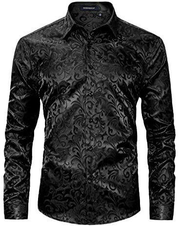 HISDERN Camicia da Uomo in Seta con Paisley Jacquard Camicia Raso Uomo Manica Lunga con Bottoni e Colletto per Matrimoni Party Regular Fit