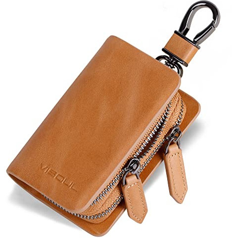 VISOUL Car Key Case Holder Double Zipper, Leather Car Smart Key Fob Case with Keychain for Men and Women-Tan