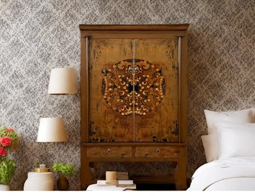 OPIUM OUTLET Armoire de mariage orientale, Chine Vintage Meubles Commode asiatique, Armoire penderie chinoise, Châtaignier marron, Style Shabby, Look antique, Style colonial