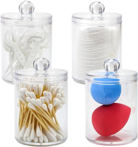 Greenfields Pack of 4 - Bathroom Qtip Holder - Clear Lids - Cotton Pad, Qtip, Swab Pads, Cotton Balls, Floss, Hair Clips, Pins, Makeup Brushes - Apothecary Jars for Bathroom or Bedroom