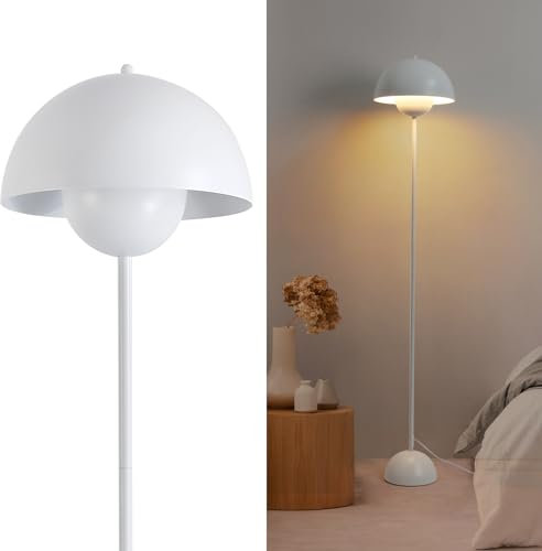 Alpinaluz Lampadaire en Acier avec Abat-jour Bombé – Style Scandinave et Rétro – Éclairage Indirect vers le Bas – Douille E27 – Interrupteur au Pied – Pour Salon ou Chambre (Blanc)