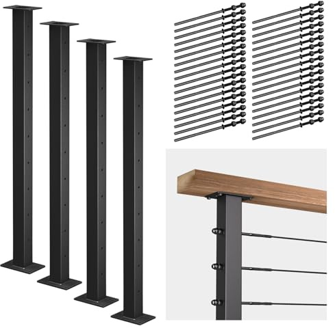Deck Man 4 Pack Stainless Steel Cable Railing Post(2×2) with 1/8 Cable Railing Kit, Level drilled (4, Black, 36 inch)