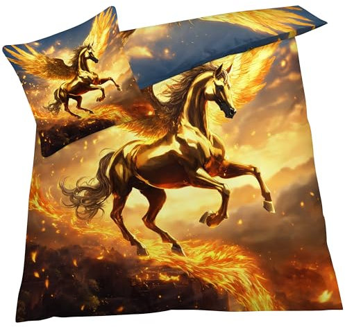 YELDAN Bettwäsche 140x200 Pferd, Gold Bettbezug, Bettwäsche-Sets 2 teilig, Weich & Bügelfrei Mikrofaser Wendebettwäsche und 1 Kissenbezug 80x80 mit Umschlag