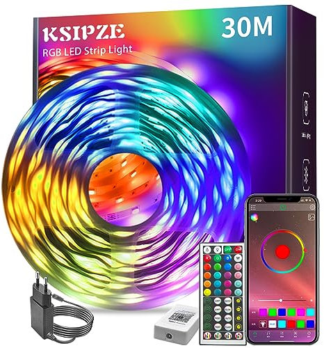 KSIPZE Striscia LED 30 Metri, RGB LED Striscia, Telecomando & Bluethooth App Controllato, luci camera da letto Modalità Musica, luce led per Casa, Stanza, Sala Giochi, Feste