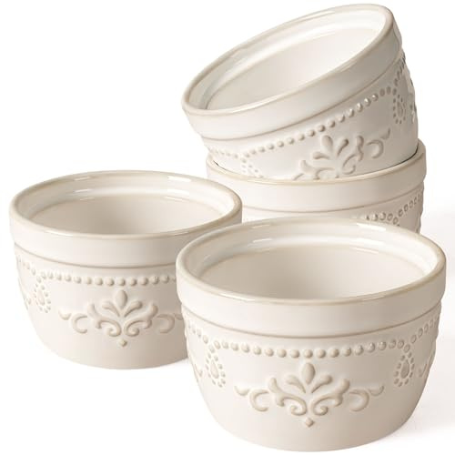 Artena Ramekins Oven Safe, Creme Brulee Ramekins, Embossed White Ceramic Ramiken, Souffle Pudding Custard Cups, Baking Dish, Dipping Bowls, Sauce Cups, Set Of 4 (Damask Floral, 8 oz)