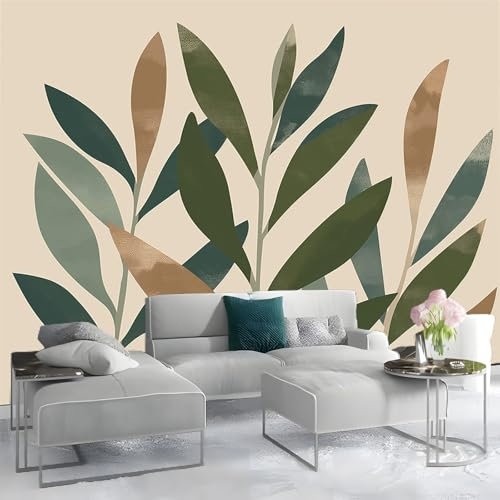 Murales beige con hojas de olivo para TV y sofá, decoración de pared, papel pintado 3D beige para dormitorio, sala de estar, oficina, 350 x 256 cm (no se despega)