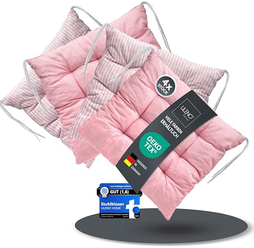 LILENO HOME 4er Set Wende Stuhlkissen Rosé (40x40x6 cm) - Streifen Sitzkissen für Gartenstuhl, Küche oder Esszimmerstuhl - Indoor u. Outdoor Stuhlauflage als Stuhl Kissen (Linda FUM)
