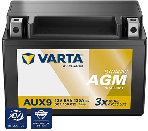 VARTA Automotive DYNAMIC AGM Auxiliary (AUX9) 12V 9Ah 130A - Stützbatterie Nassbatterie für KFZ - Zusätzliche Starterbatterie für Autos mit hohem Energiebedarf - Wartungsfreie Bleisäurebatterie | Nassbatterie für KFZ, Zusätzliche Starterbatterie für Autos mit hohem Energiebedarf, Wartungsfreie Bleisäurebatterie