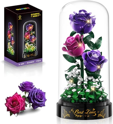 HiWEEGO Bouquet De Roses avec éClairage LED Couvercle – 319 Pcs Kit De Roses Artificielles Botaniques Jouet Construction pour DéCoration IntéRieure Cadeau d'anniversaire pour Filles Adultes (Violet)
