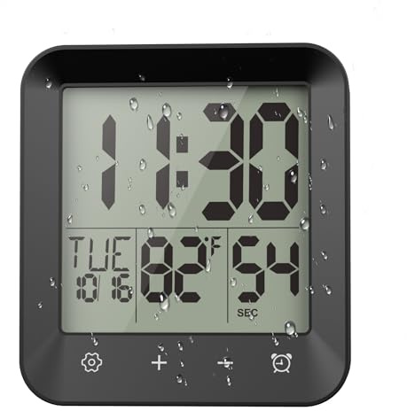 Yariaii Waterproof Shower Clock, Digital Bathroom Kitchen Wall Clock Timer with Temperature, Touch Screen, Suction, Hanging Hole, Battery Operated, Black