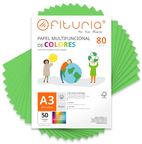 OFITURIA Buntes Papier, 50 Blatt A3 80g – Farbiges Papier für Basteln, Drucker, Scrapbooking – Farbbögen (Grün, 50 Blatt)