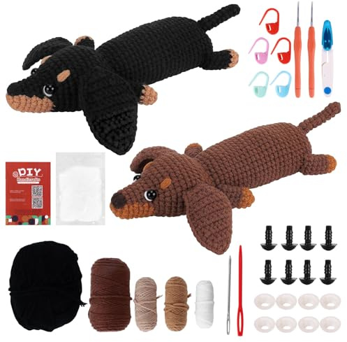PCXWTLN Häkelset für Anfänger, 2 Stück Dackel häkeln Inklusive Garn, Häkelnadel, Füllmaterial und Anleitung, Häkelset Tiere, Häkel-Starter-Kit Häkelsets für Anfänger Erwachsene