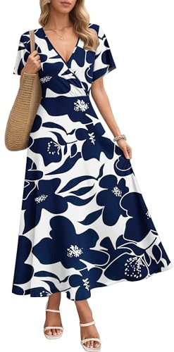 AUSELILY Maxi Dress for Women UK Short Sleeve Elegant Dress V Neck Sundress with Pockets