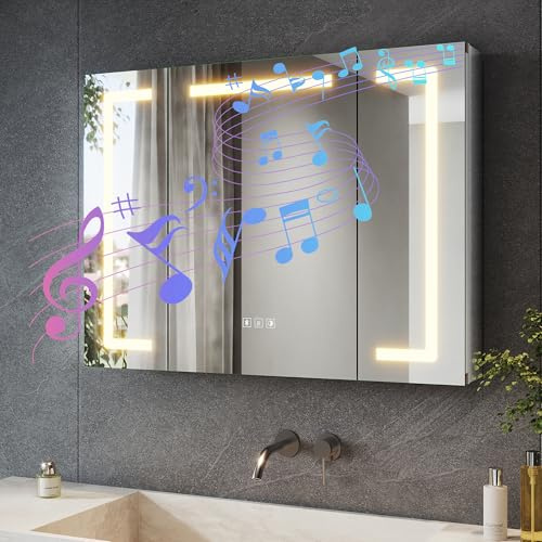 SONNI LED-spegelskåp badrum med Bluetooth 80 x 60 cm, 3 dörrars spegelskåp med imskydd, uttag, 3 ljusfärger, dimbar, aluminium, IP44 vattentät