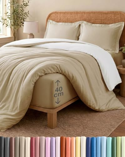 Duvet Cover Set King Size - 4 Piece Fitted Sheet - Cream / Antique White