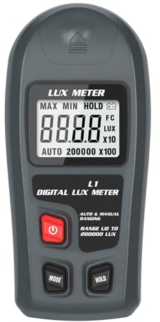 FUBESK Digitales Beleuchtungsmessgerät für L1, tragbares Lux-Messgerät mit 01-200.000 Lux Bereich, Datenspeicherung, automatische Abschaltung für Bühne, Büro und Zuhause