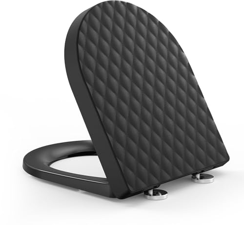 YEAUPE PRO D Shape Soft Close Toilet Seat, Black PP WC Seat Quick Release | Diamond Design, Top Fixing Adjustable Hinges, Anti Slip, Easy Clean Universal Bathroom Toilet Seat Cover, 44 x 36 cm
