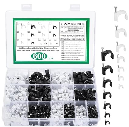 kelav 600 Stück Kabelschellen Nagelschellen Set, Kabelclips in 7 Größen (4mm 5mm 6mm 7mm 8mm 10mm 12mm) Schwarz Weiß, Kabelbefestigung mit Nagel für Wand und Tisch