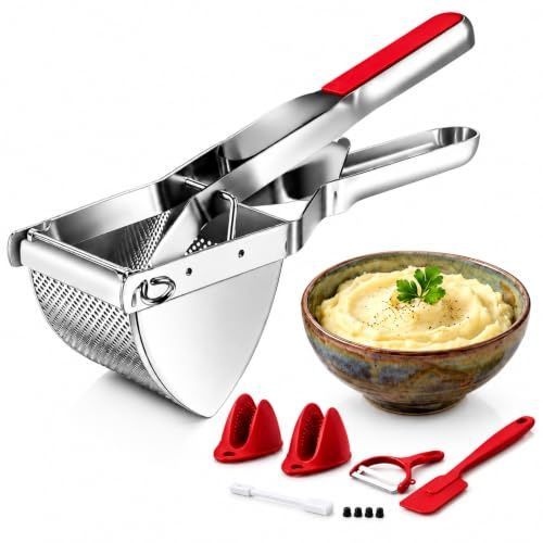 Potato Ricer Stainless Steel, 6-in-1 Potato Masher & Press with 3 Replaceable Discs, Heavy Duty Potato Mincer with Peeler, Silicone Spatula, Cleaning Brush & Heat Resistant Gloves, Dishwasher Safe