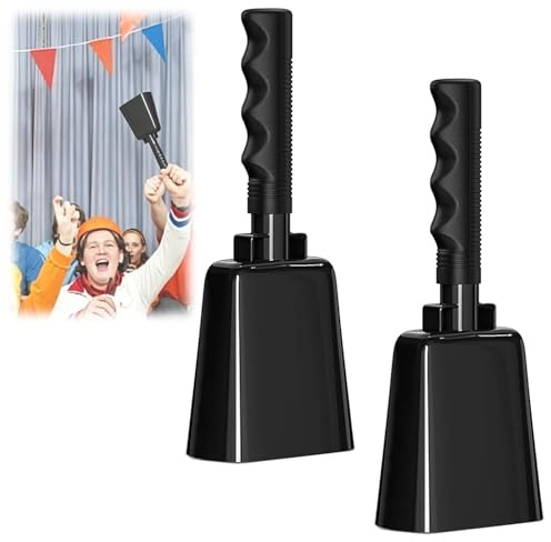 2 Stück Kuhglocke Große aus Stahl, 23 cm Kuhglocke mit Griff, Laute Metall Kuh Glocke Handglocke Jubelglocke für Partys Bauernhof Ranch Musikinstrument Sportveranstaltungen Fußballspiel Schwarz