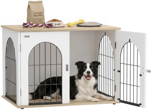 PawHut Cage pour Chien Arche Double Porte Taille Moyenne 80x56x59cm Blanc | Meuble Cage Chien Intérieur, Métal Robuste, Table d'Appoint Design Moderne, Salon Appartement