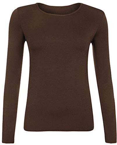 Women Long Sleeve T-Shirt Top Basic Casual Plain Stretch Vest Body Blouse Tee Layering, S/M 8-10, Chocolate Brown