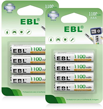 EBL 8PCS AAA Baterías Recargables, Baterías Recargables AAA 1100mAh 1.2V Ni-MH de Alta Capacidad con Descarga Constante, con Embalaje Nuevo