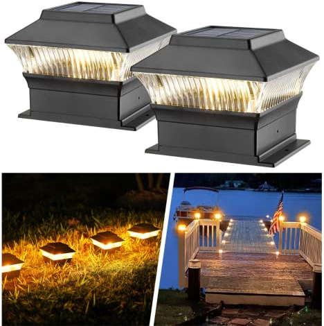 MOON-DE-AGE Solar Post Cap Lights, 4x4 4x6 Fence Post Light Solar Powered, 25 Lumens Deck Post Light Outdoor, 3000K Warm Light, IP65 Waterproof, Black - 2 Pack
