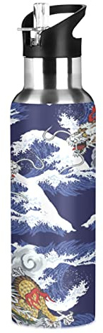 Vnurnrn Dragon Japonais Roi Des Vagues De La Mer Bouteille d'eau Isotherme avec Paille en Acier Inoxydable Gourde 600ML, Sans Bpa Gourdes Eau pour Enfant Sport Randonnée École Bureau