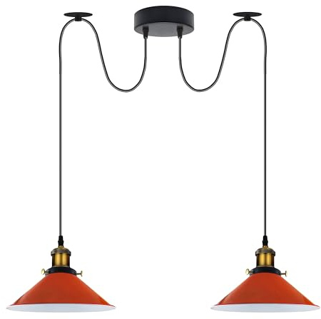 LEDSone Vintage 2-Kopf-Licht Spinnenlampe Pendelleuchte Höhenverstellbarer Metallkegel Lampenschirm Retro Industrieller Deckenleuchter mit E27-Fassung(Gebürstetes Kupfer-1) (Orange)