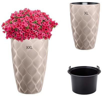 MELTOM Blumenkübel Blumentopf Pflanzkübel mit Herausnehmbaren Einsatz Rund 3D Effekt Dekorativ SET2: XXL+XL Taupe