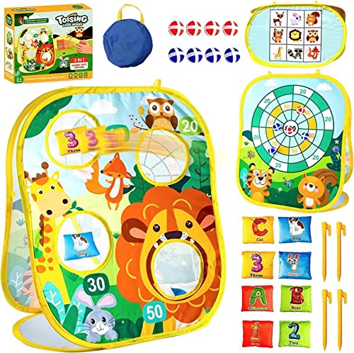 LATERN 3 In 1 Sitzsack Wurfspiel Spielzeug, Löwenwald Thema Faltbares Maislochspiel Sicherheits Dart Spiel und Tic Tac Toe-Spiel für Jungen Mädchen Indoor Outdoor Gartenparty