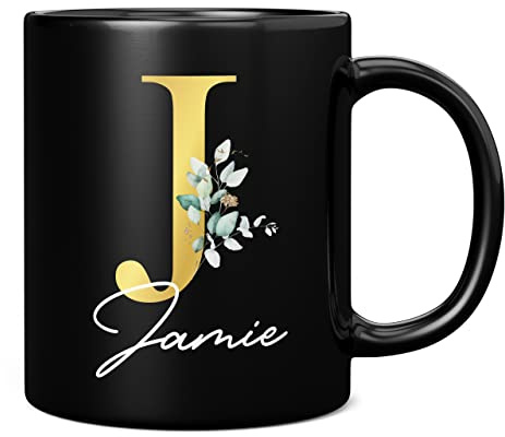 Tazza floreale con lettera J personalizzata con nome, regalo personalizzato, lettera stampata effetto oro, non metallica, tazza da caffè in ceramica per uomini o donne, extra large e gigante, tazza