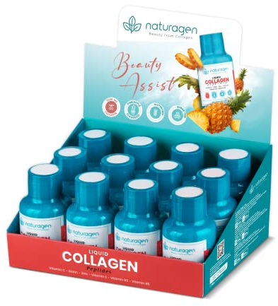 Naturagen flüssige Kollagen Peptide Schüsse–12 x 60 ml – 2500 mg hydrolysiertes Kollagen – 12-tägige Anwendung – Typ 1 und 3– Mit B3, B5, C, E-Vitaminen, Biotin und Zink – zuckerfrei und glutenfrei