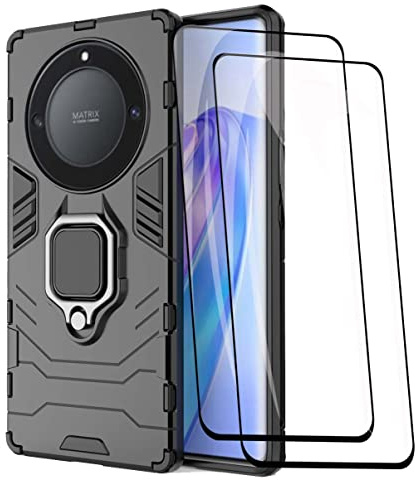 GOKEN Funda para Honor X9a / Magic5 Lite 5G (Magic 5 Lite 5G) y 2 Cristal Templado, PC + TPU Silicona Tough Armor Protección Carcasa, Antigolpes Estuche con 360° Magnético Anillo Kickstand, Negro