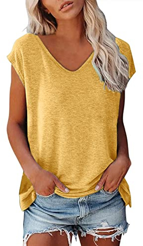 L9WEI Camiseta de manga corta para mujer, cuello de pico, color liso, manga corta, para verano, cómoda, amarillo, L